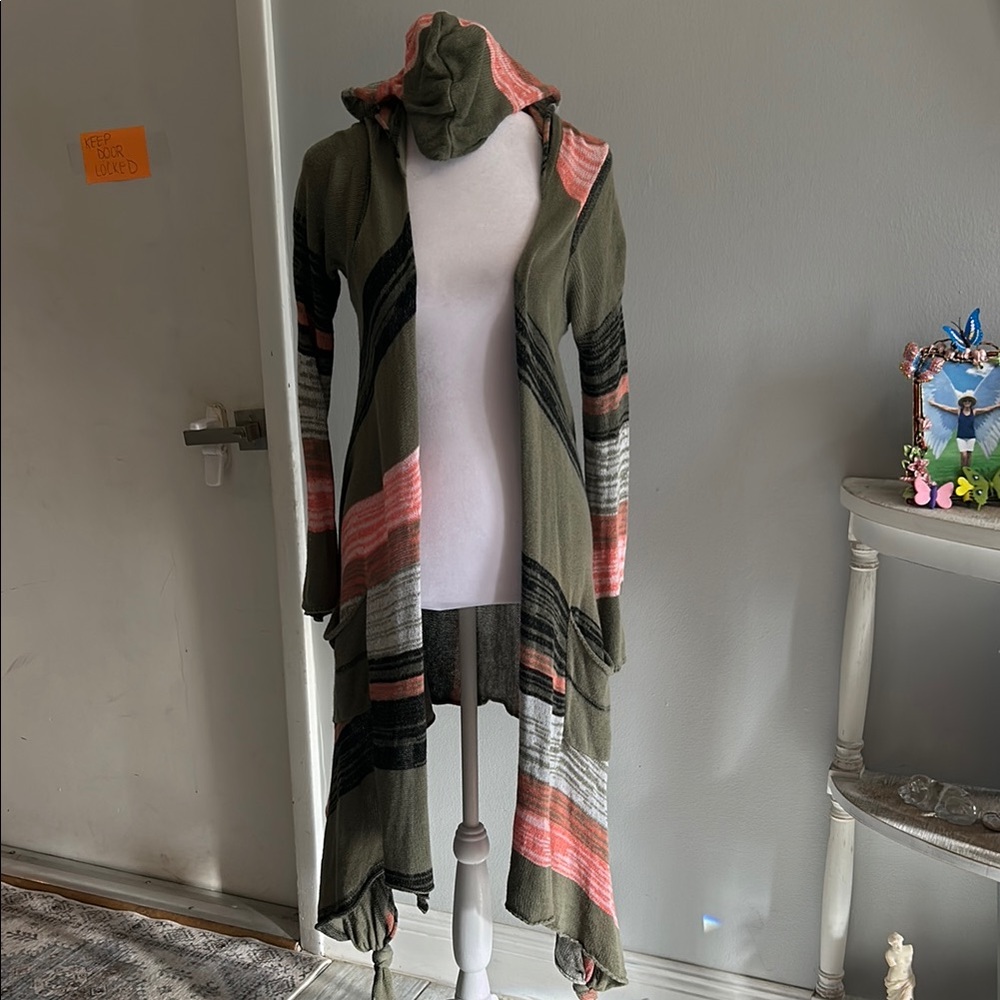 [K1 P1] Striped Hooded Cardigan Duster - Size Medium
